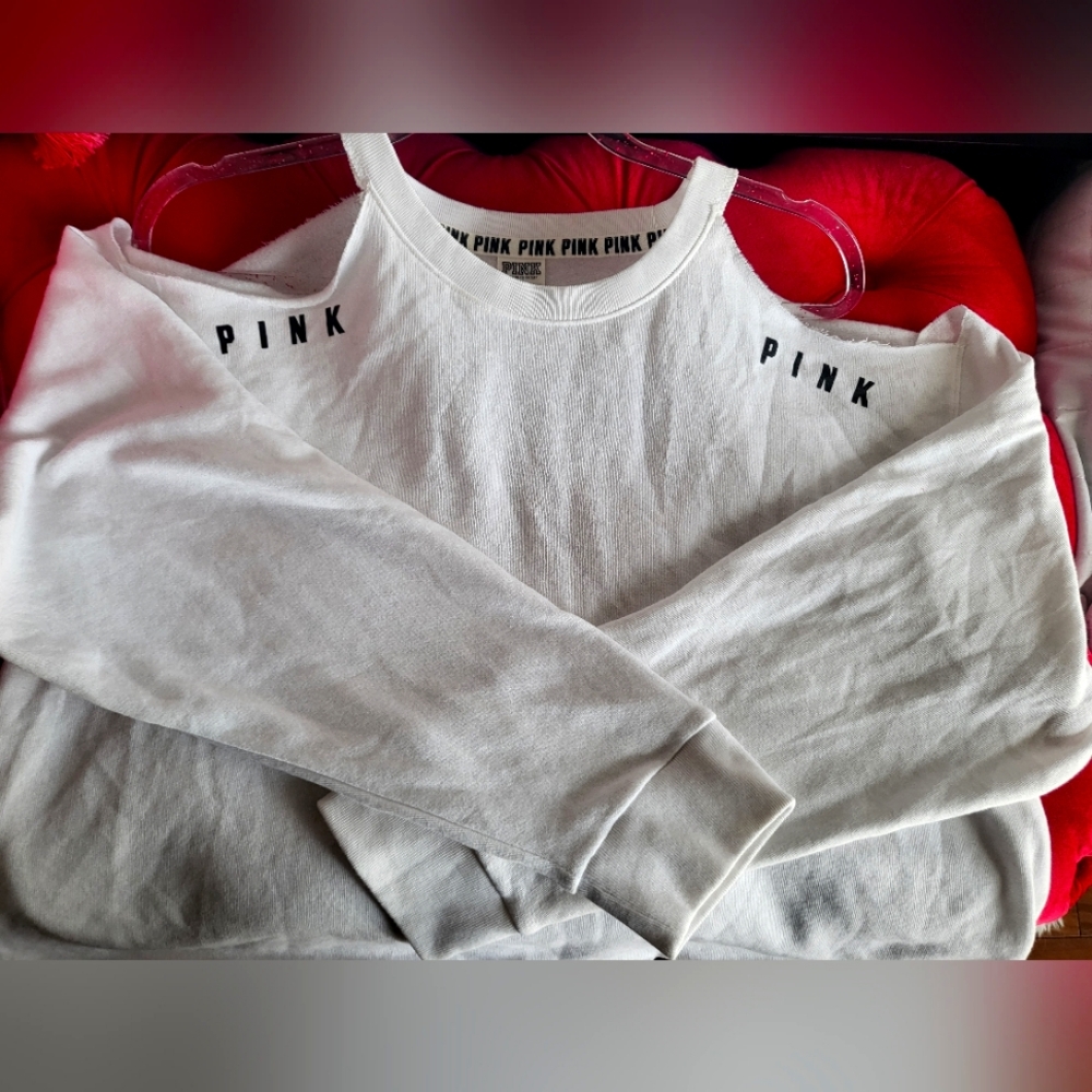 PINK - Cold Shoulder White crop pullover